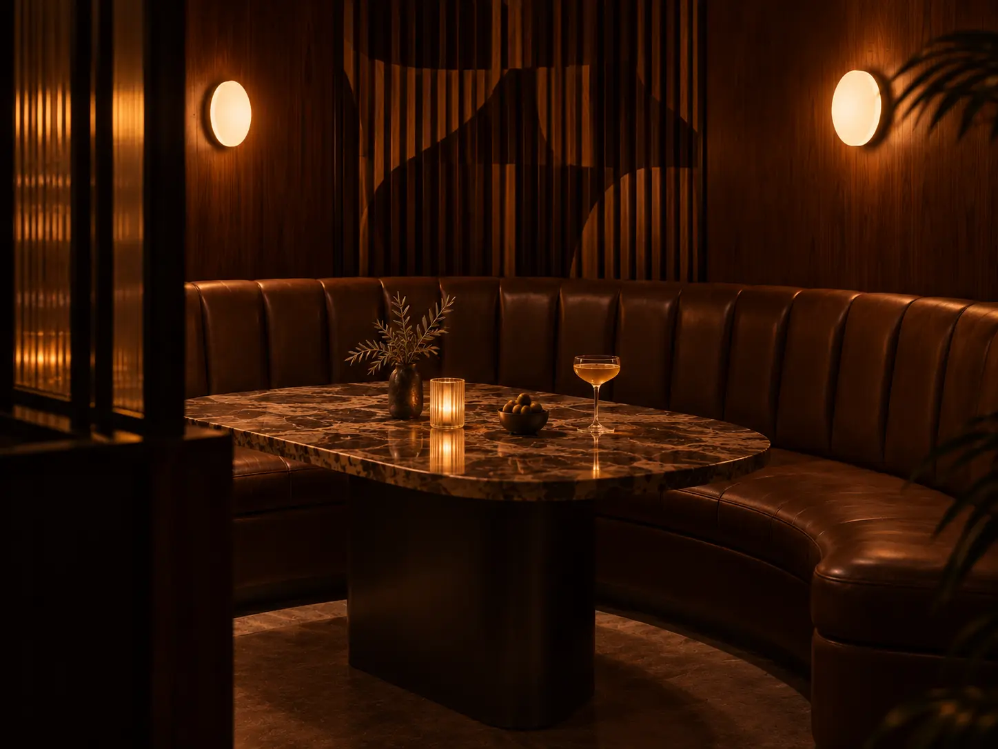 Curved leather booth in JADE's amber-lit lounge